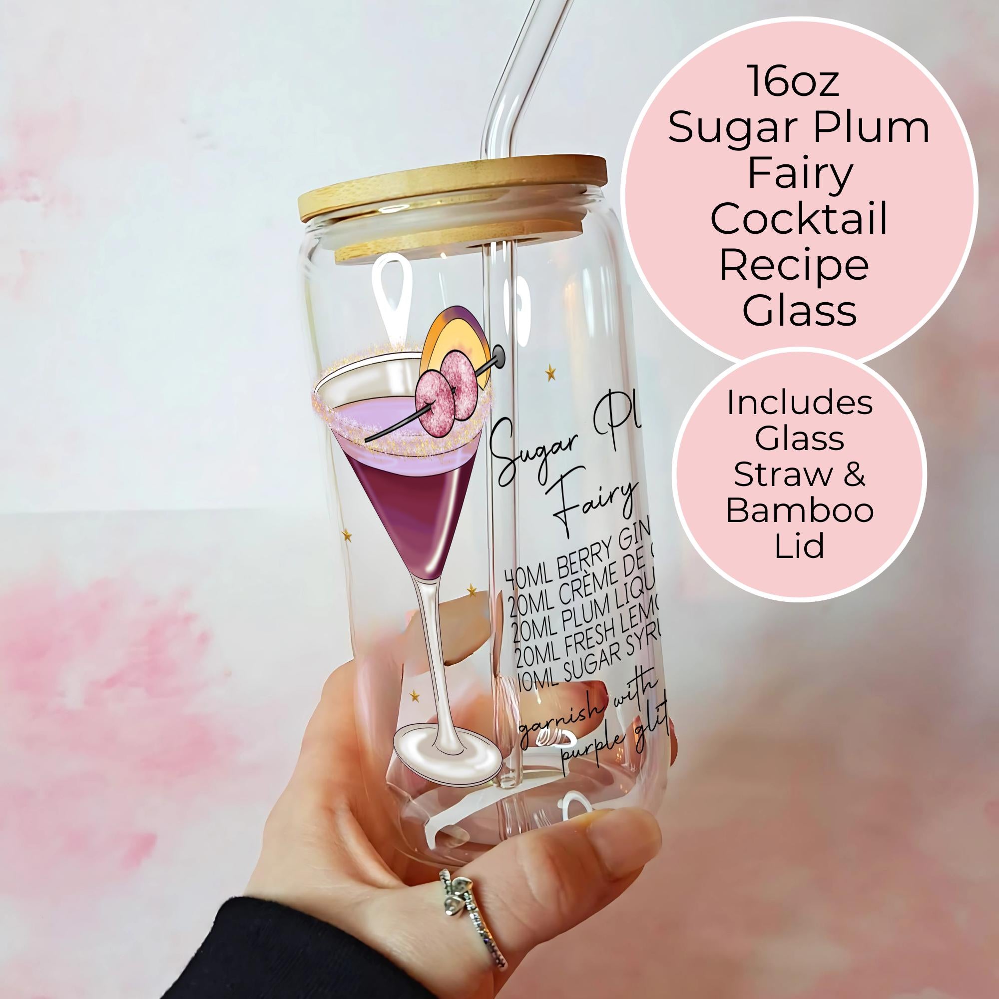 16oz Sugar Plum Fairy Cocktail Recipe Glass with Bamboo Lid & Straw, Christmas Gift For Her