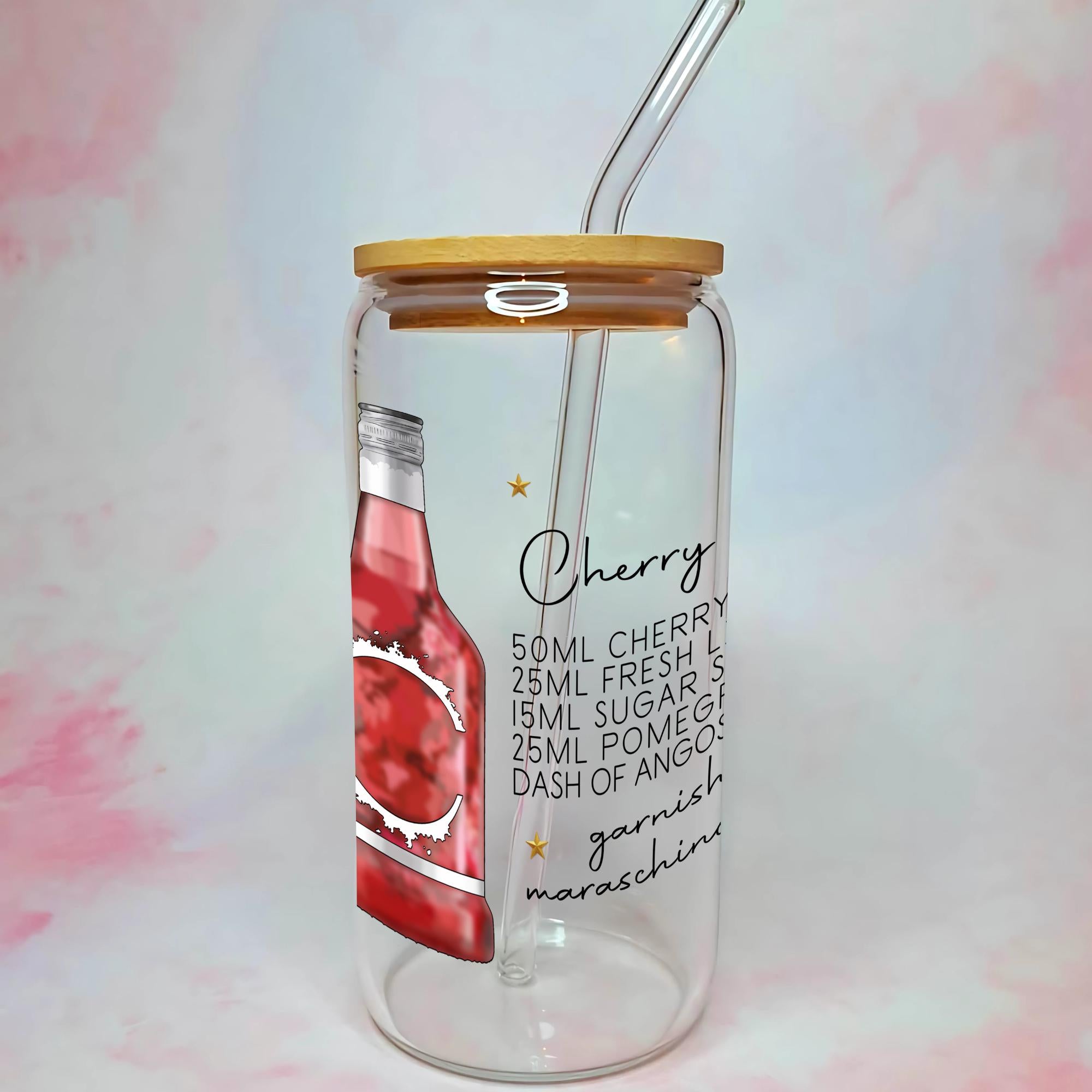 16oz Cherry Sours Cocktail Recipe Glass with Bamboo Lid & Straw