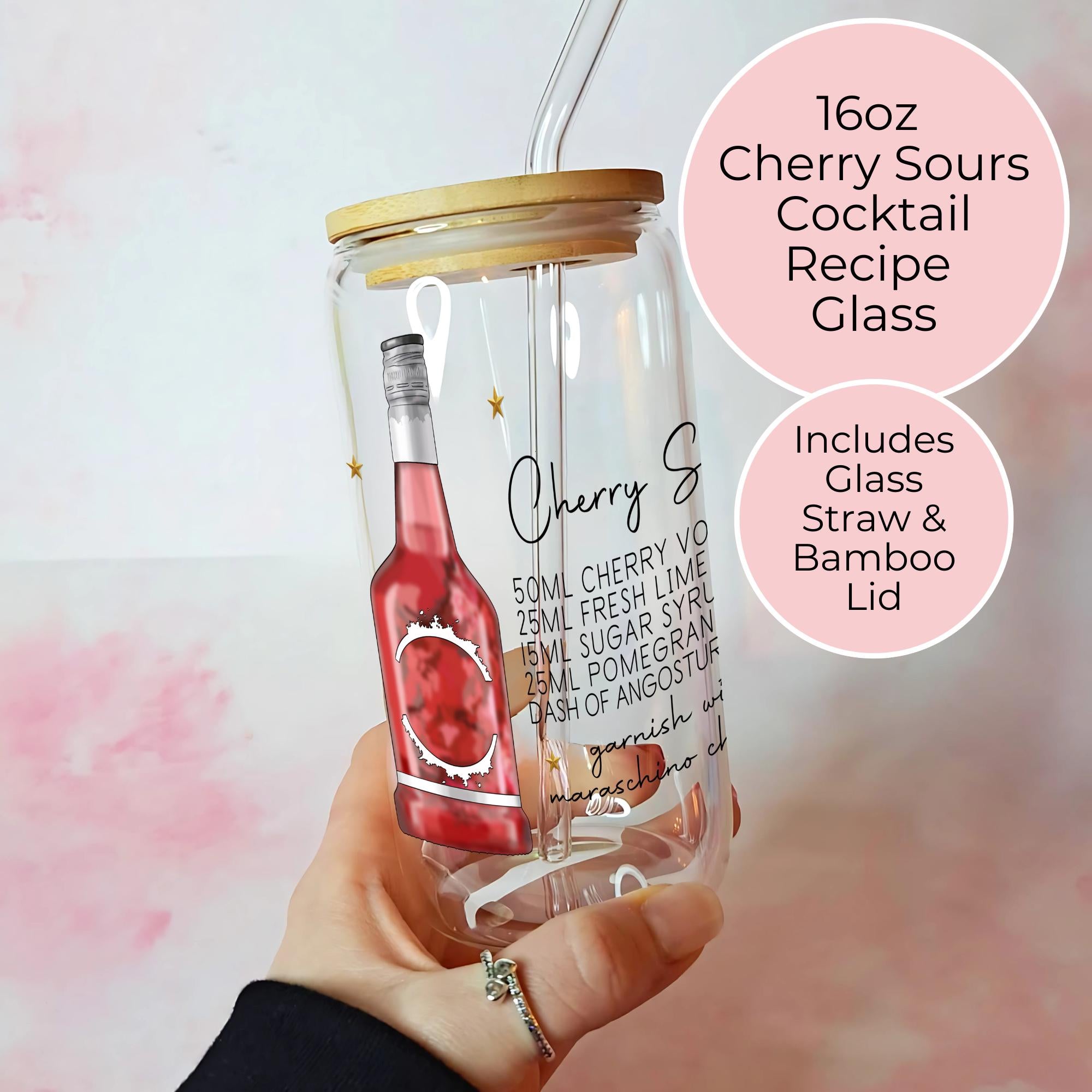 16oz Cherry Sours Cocktail Recipe Glass with Bamboo Lid & Straw