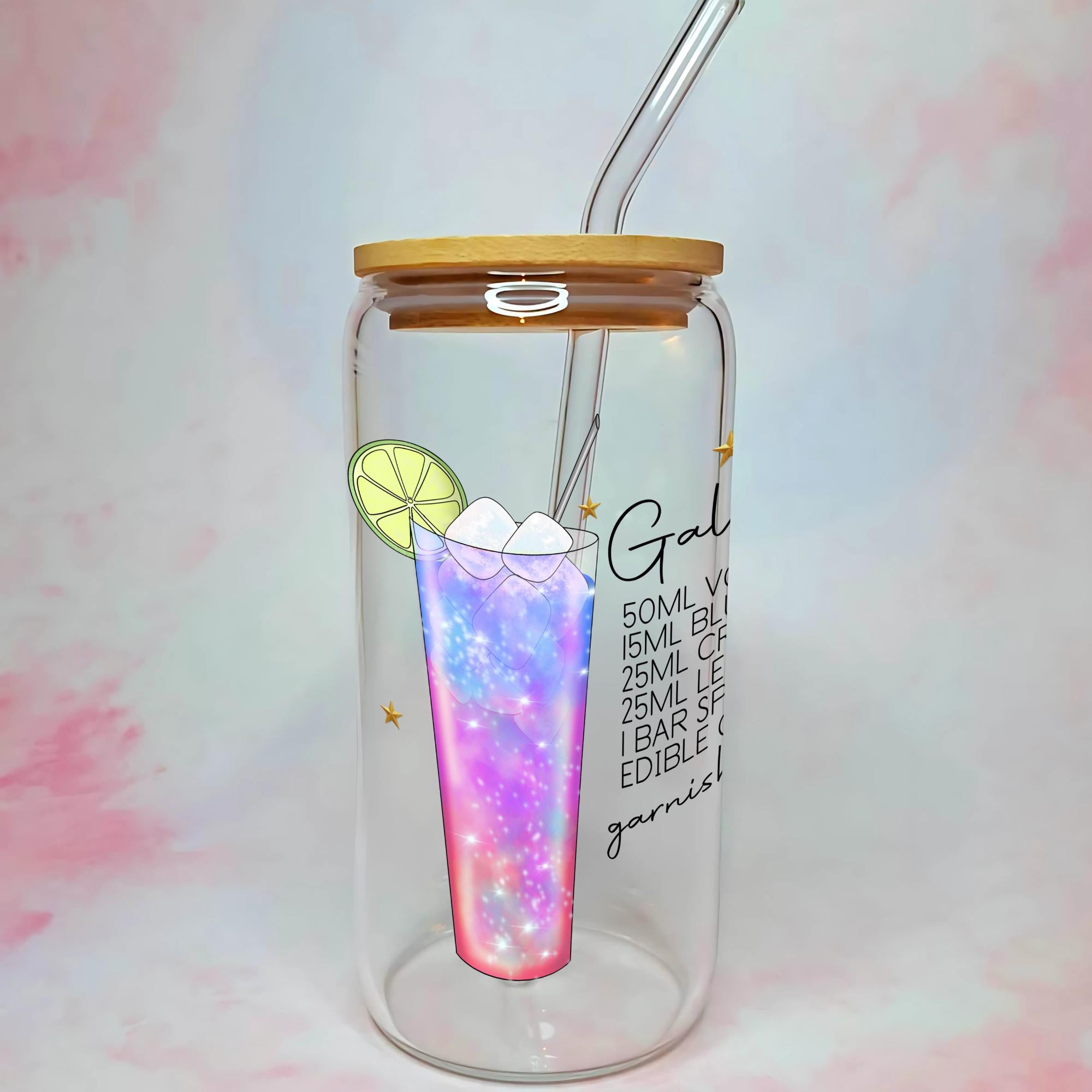16oz Galax Vodka Cocktail Recipe Glass with Bamboo Lid & Straw