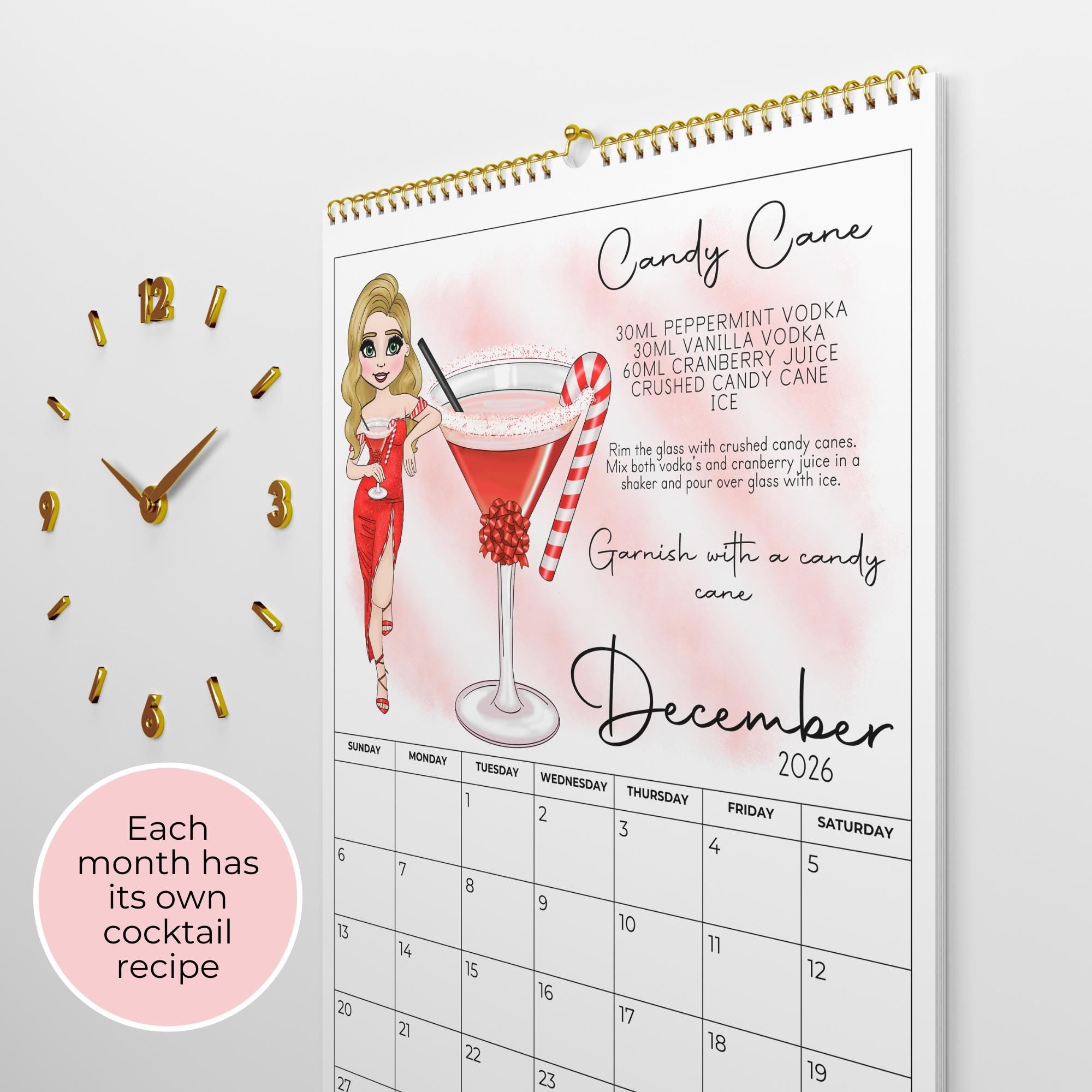 Personalised 2027 Cocktail Themed Wall Calendar, Vertical Hanging Calendar With Monthly Cocktail Recipes