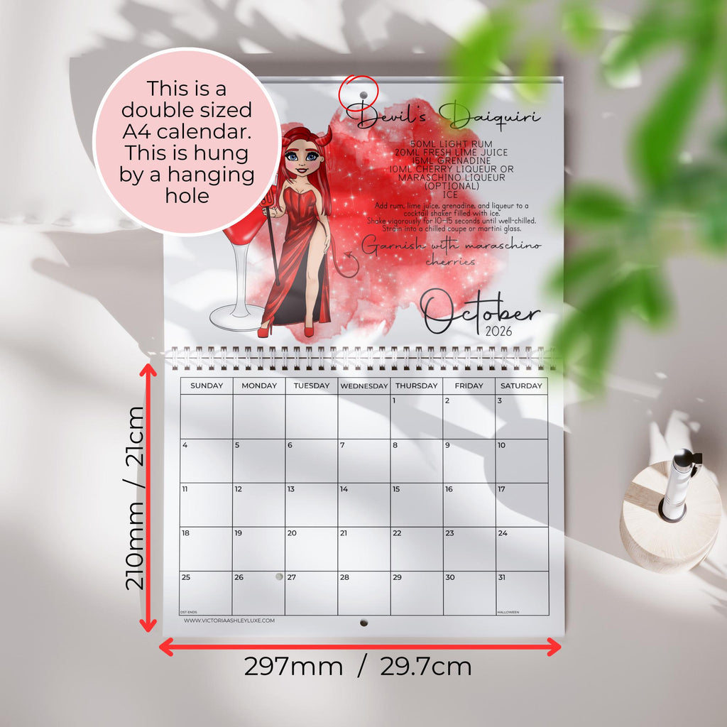 Personalised 2027 Cocktail Themed Wall Calendar, Horizontal Hanging Calendar With Monthly Cocktail Recipes