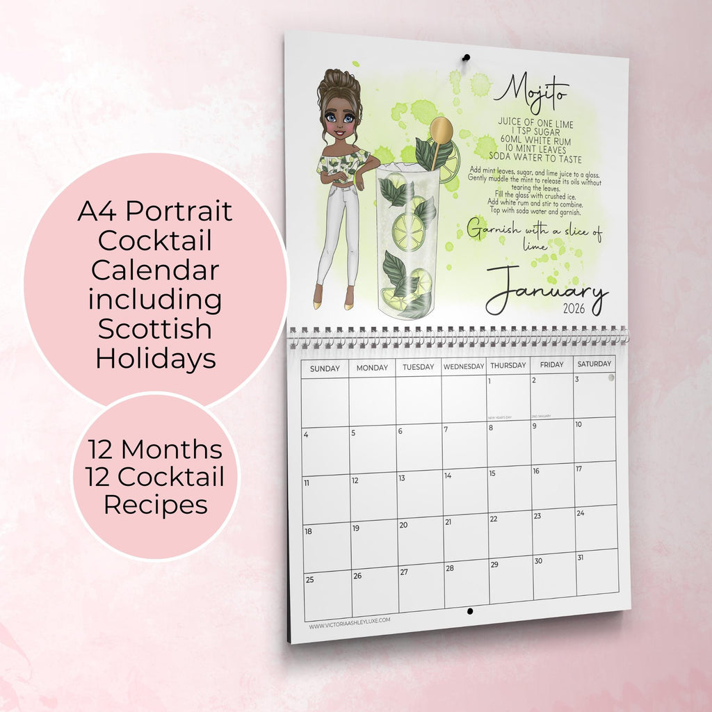 Personalised 2027 Cocktail Themed Wall Calendar, Horizontal Hanging Calendar With Monthly Cocktail Recipes
