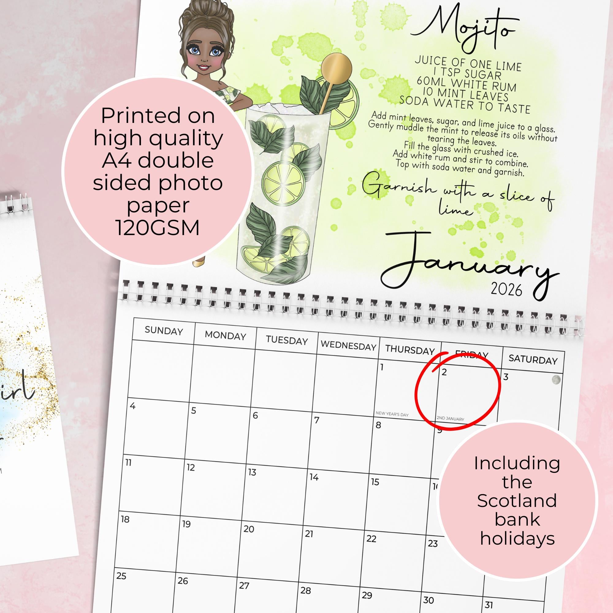 Personalised 2027 Cocktail Themed Wall Calendar, Horizontal Hanging Calendar With Monthly Cocktail Recipes