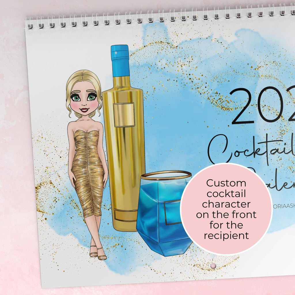 Personalised 2027 Cocktail Themed Wall Calendar, Horizontal Hanging Calendar With Monthly Cocktail Recipes