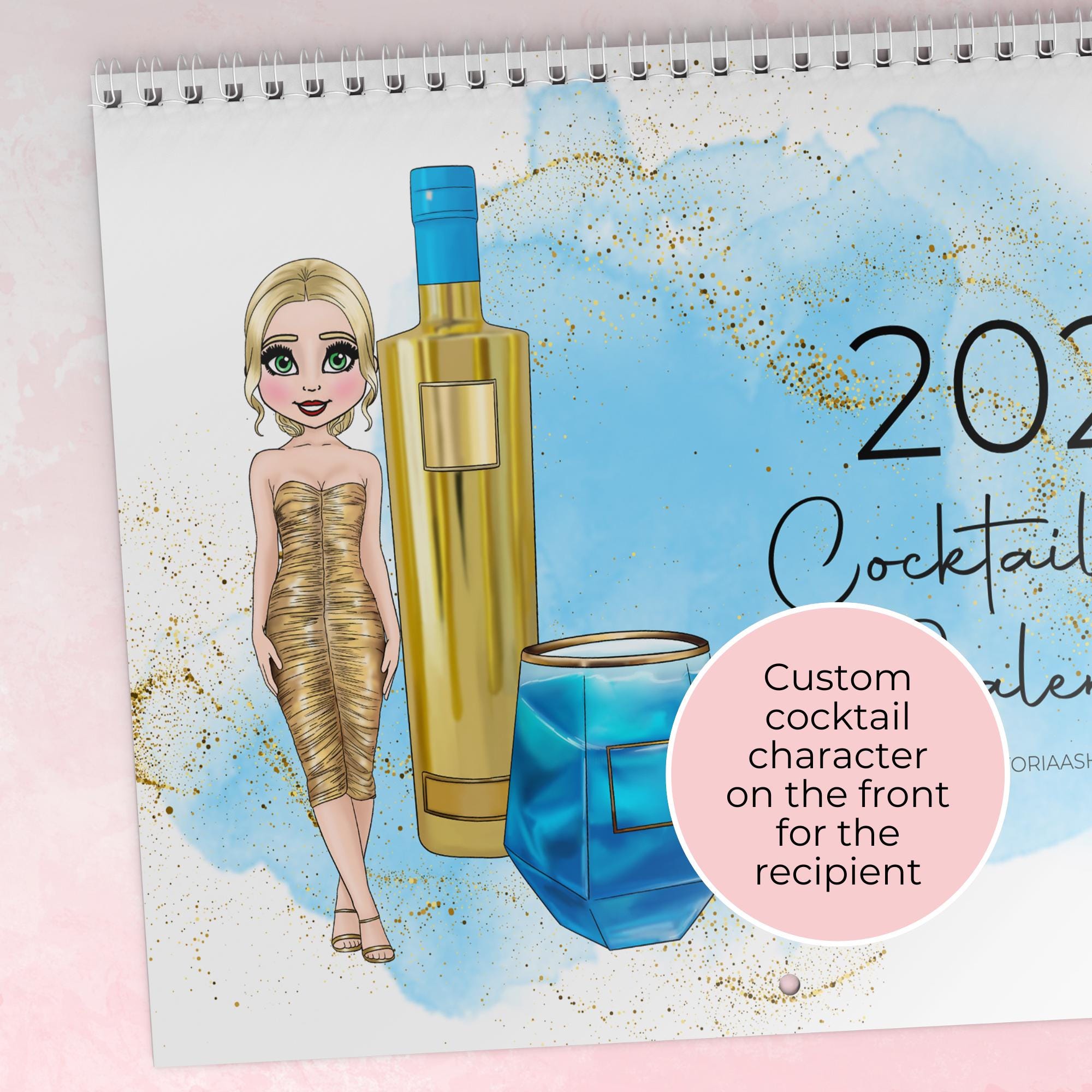 Personalised 2027 Cocktail Themed Wall Calendar, Horizontal Hanging Calendar With Monthly Cocktail Recipes