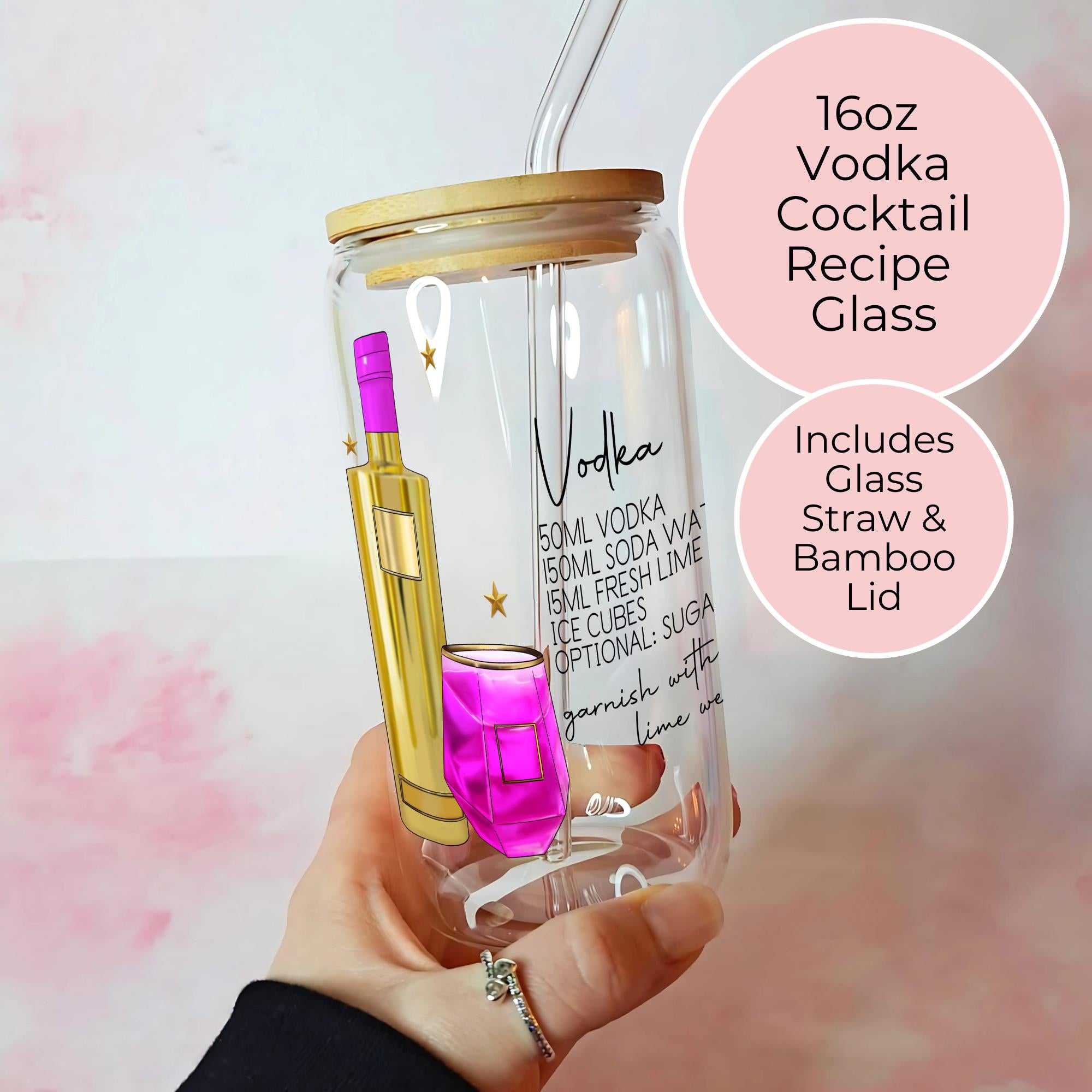 16oz Vodka Girl Cocktail Recipe Glass with Bamboo Lid & Straw, Best Friend Birthday Gift