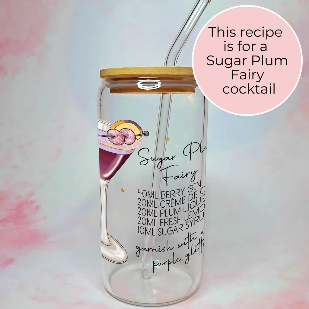 16oz Sugar Plum Fairy Cocktail Recipe Glass with Bamboo Lid & Straw, Christmas Gift For Her