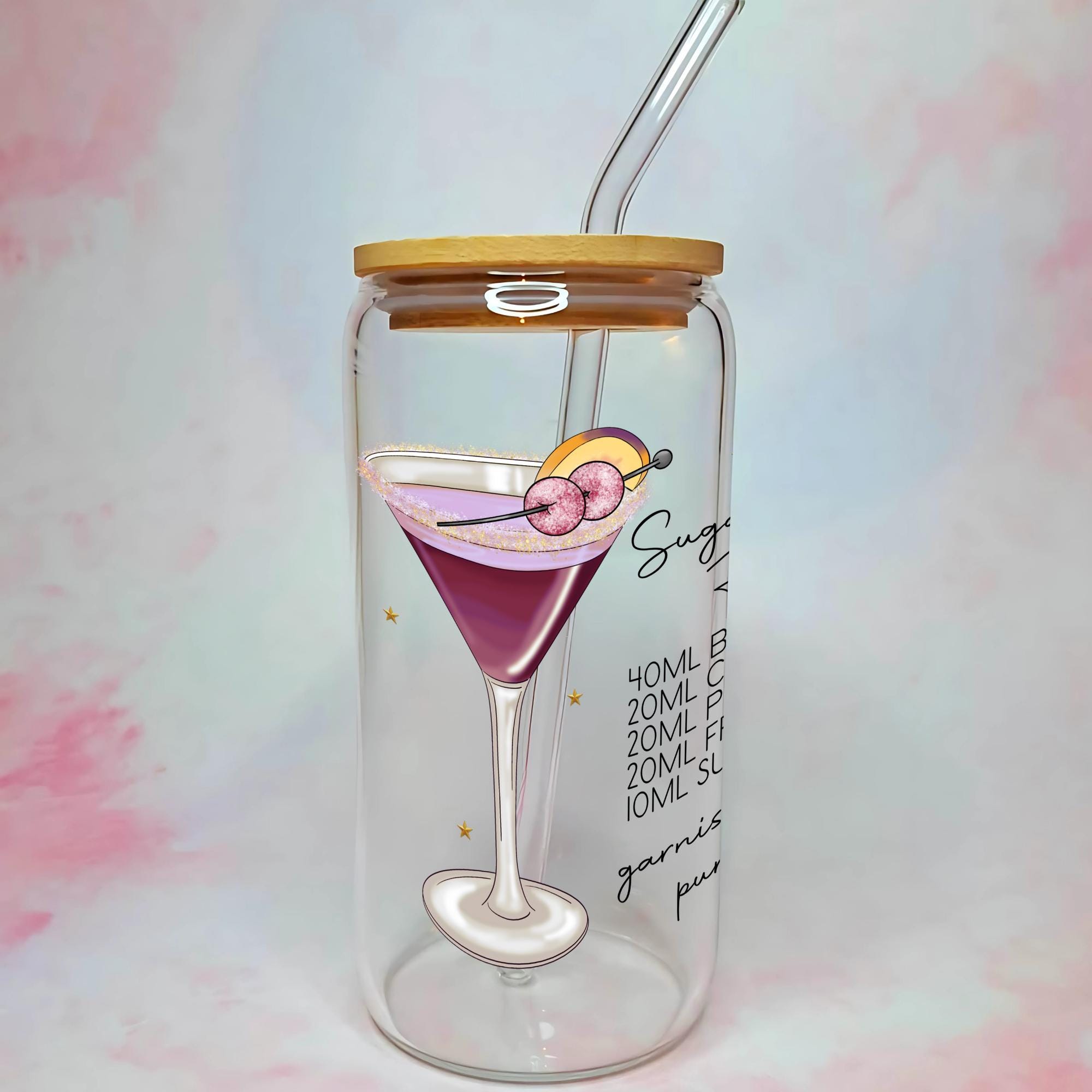 16oz Sugar Plum Fairy Cocktail Recipe Glass with Bamboo Lid & Straw, Christmas Gift For Her
