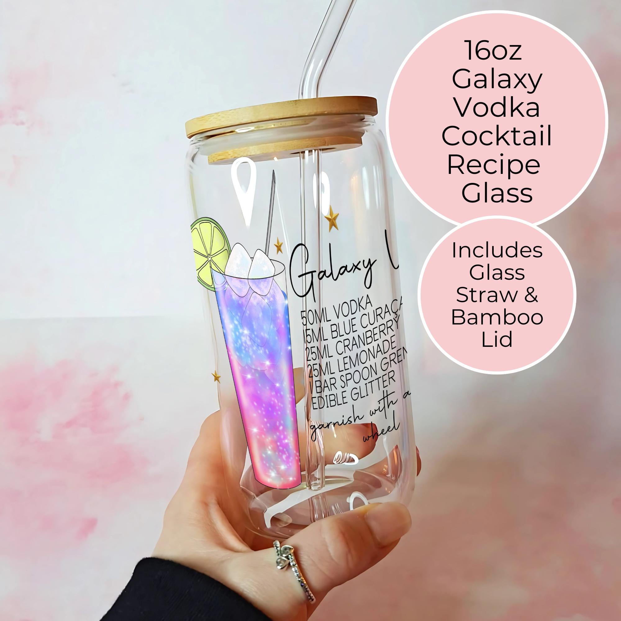 16oz Galax Vodka Cocktail Recipe Glass with Bamboo Lid & Straw