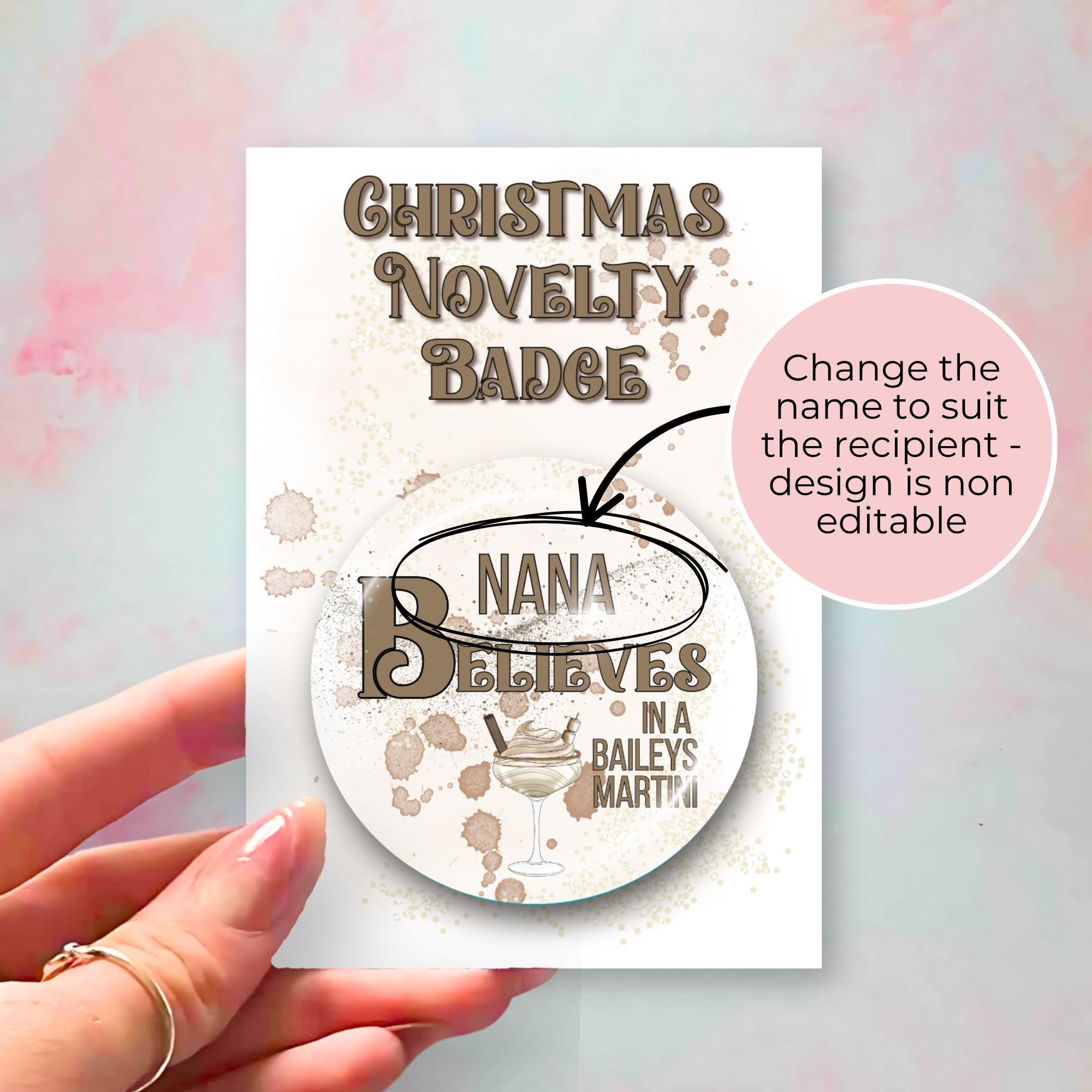 "I Believe In A Baileys Martini " Novelty Button Badge, Table Name Setting Badge