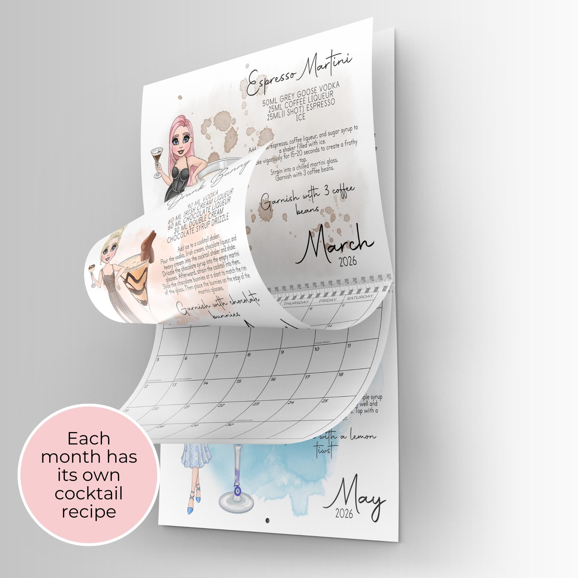 Personalised 2027 Cocktail Themed Wall Calendar, Horizontal Hanging Calendar With Monthly Cocktail Recipes