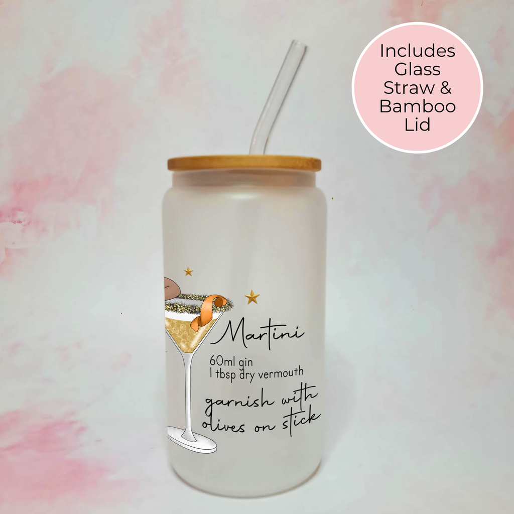 Personalised Plus Sized Martini Frosted Recipe Glass With Custom Character