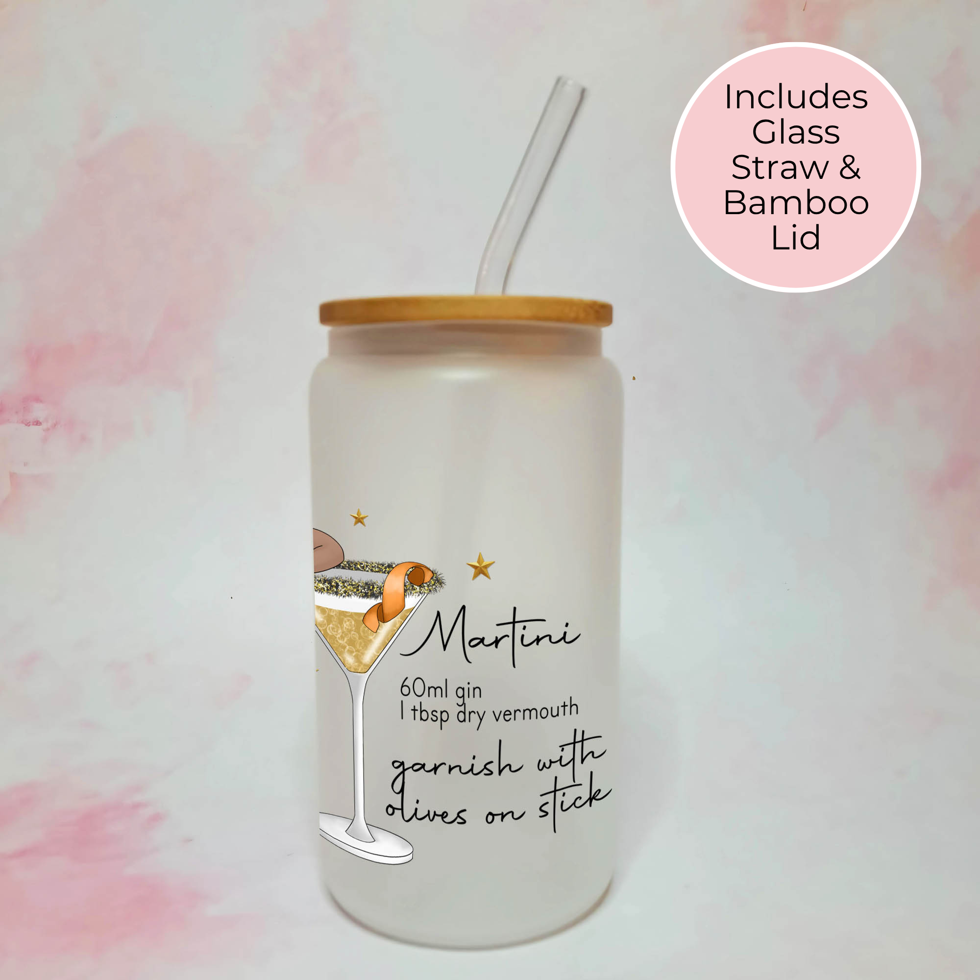 Personalised Plus Sized Martini Frosted Recipe Glass With Custom Character