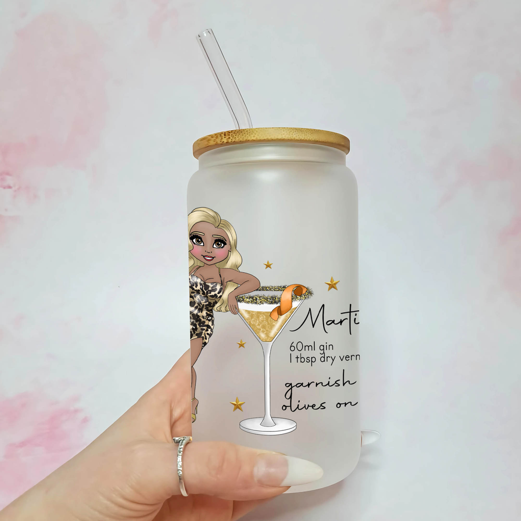 Personalised Plus Sized Martini Frosted Recipe Glass With Custom Character