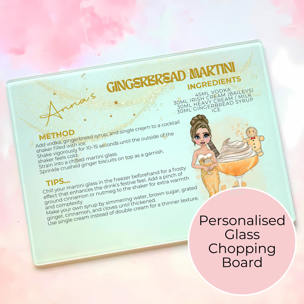 Personalised Gingerbread Martini Cocktail Chopping Board, A4 Tempered Glass Worktop Saver