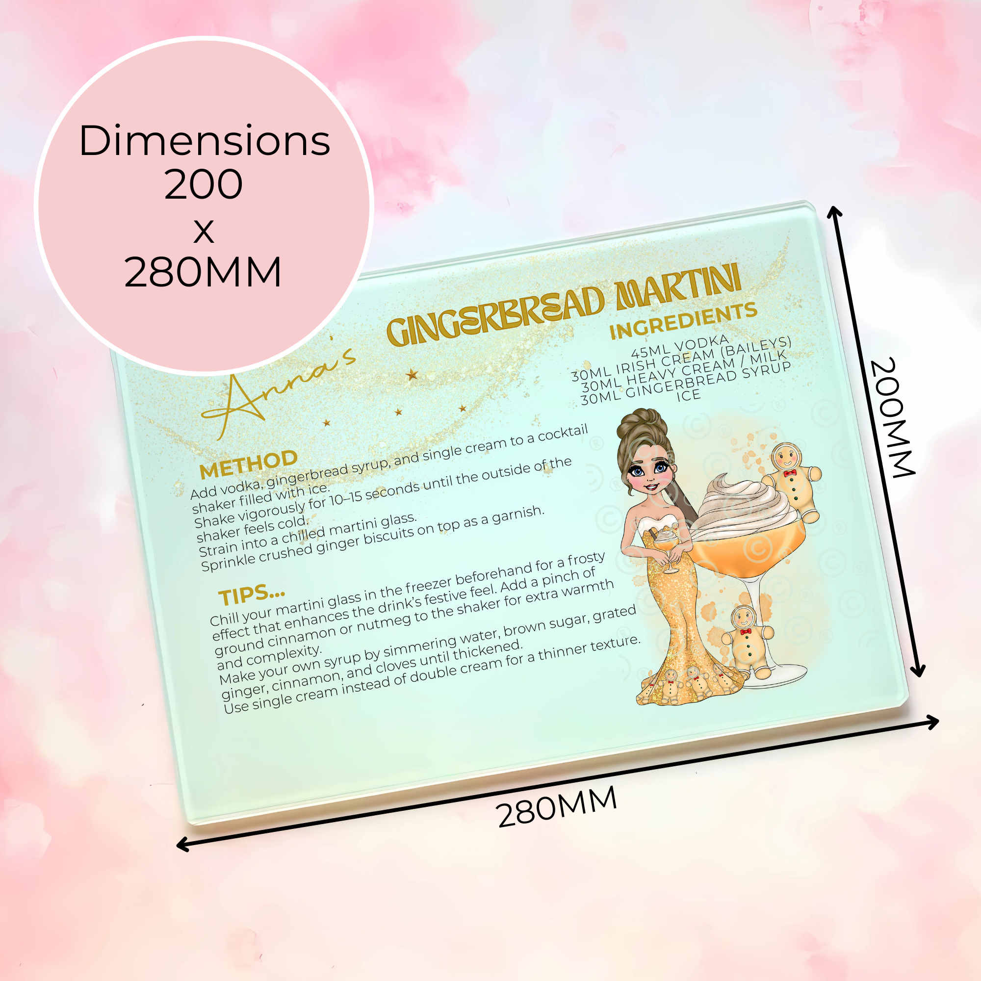 Personalised Gingerbread Martini Cocktail Chopping Board, A4 Tempered Glass Worktop Saver